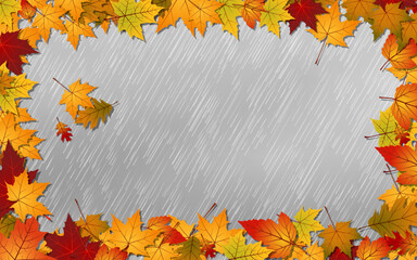 Naklejka na ściany i meble Autumn style vector illustration. Cloudy sky background with rain and colorful leaves
