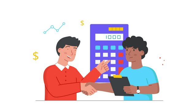 Economy and finance concept. Moving Young men count money and analyze budget using calculator. Businessmen make deal and shake hands. Loan debt. Graphic contemporary animated cartoon in doodle style