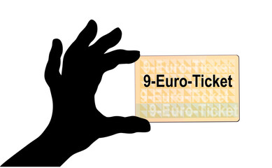 Hand Silhouette mit 9 Euro Ticket, 
Vektor Illustration isoliert auf weißem Hintergrund
 - obrazy, fototapety, plakaty