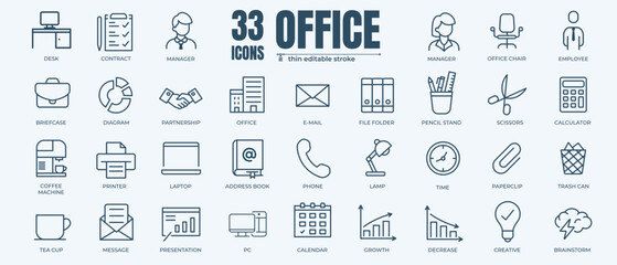 Simple Set of Office, Business and Management Related Vector Line Icons. Contains thin Icons as Manager, Employee, Office supplies and more. Editable Stroke. 48x48 Pixel Perfect
