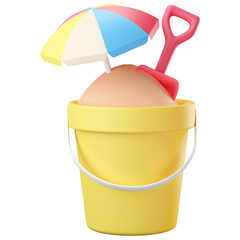3d illustration sand bucket with beach umbrella