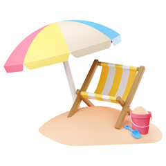3d summer illustration striped beach chair with beach umbrella
