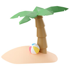 3d summer illustration beach ball with coconut palm tree