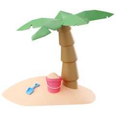 3d summer illustration sand bucket with coconut palm tree