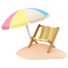 3d summer illustration striped beach chair with beach umbrella