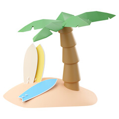 3d summer illustration surfboards with coconut palm tree