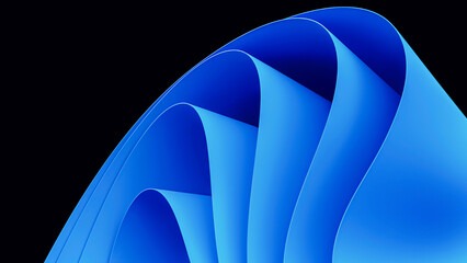 Blue wavy abstraction shape on black background. 3D rendered illustration of trendy modern image in Windows 11 style