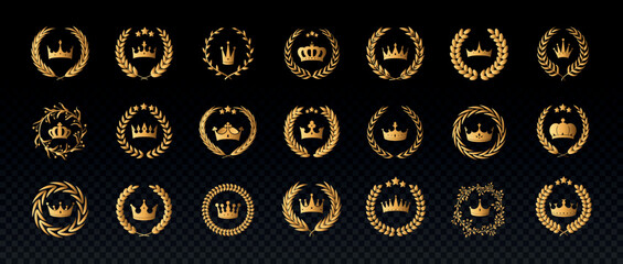 Set of golden laurel or olive wreaths. Elegant branches with royal crowns or tiaras. Award or prize for achievement. Copy space. Realistic 3D vector collection isolated on transparent background © Rudzhan