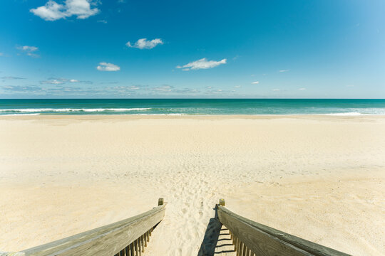Topsail Island, North Carolina summer beach scene. Pathway entrance to a beautiful sandy beach.