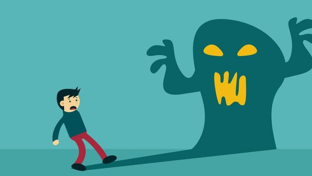 Animated Anxiety Disorder Illustration. Male vector character afraid of his own shadow.