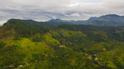 Top view of Ella is surrounded by green hills with tea plantations and agricultural lands. Sri Lanka.