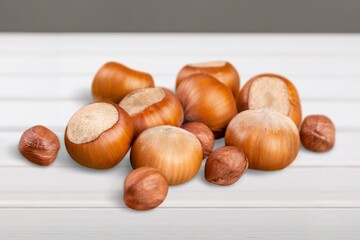 Tasty healthy Hazel set. Hazelnut in broken shell, white nut, whole nut. Collection.