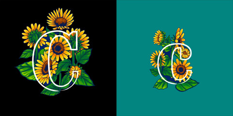 Summer Themed Letter C Illustration with Sunflower Hand Drawn