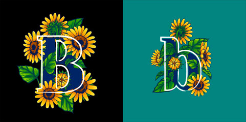 Summer Themed Letter B Illustration with Sunflower Hand Drawn