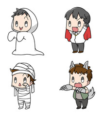 ハロウィンの仮装をする男の子4パターン