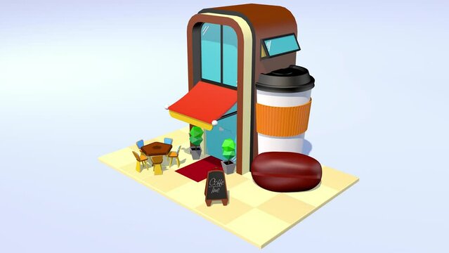 3D animated coffee shop. 3D model. Architectural animation. Animated 3D building. Shopping .Video 3D rendering