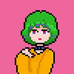 Obraz premium Pixel anime girl with bright green hair, yellow hoodie