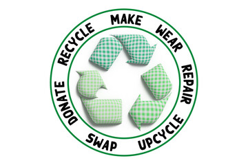 Circular Fashion, make, wear, repair, upcycle, swap, donate, recycle with fabric recycle icon sustainable fashion concept