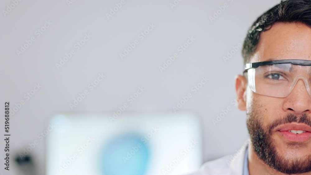 Poster scientist, medical worker and chemist wearing safety goggles and smiling while working in laboratory