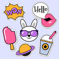 set of comic style vector stickers with cute rabbit
