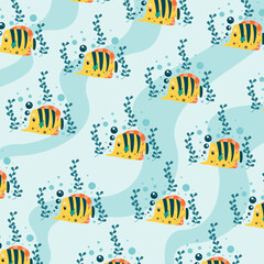 A large collection of cute ornamental fish seamless patterns. Baby yellow tang seamless pattern. Vector Illustration
