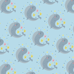 Cartoon Character Cute Dolphin Seamless Pattern Background on blue Sea Mammal. Dolphin vector illustration