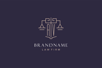 Initial letter AV logo with scale of justice logo design, luxury legal logo geometric style - obrazy, fototapety, plakaty