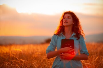 Christian woman holds bible book in her hands.