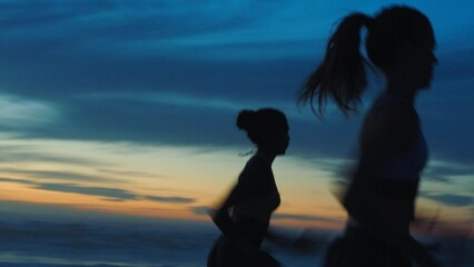 Active, fit and fast athletes running, jogging and sprinting on a beach at sunset. Shadow, outline and silhouette of two motivated women with stamina doing workout, exercise and training by the ocean - Powered by Adobe