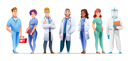 Set of medical doctor and nurse cartoon characters