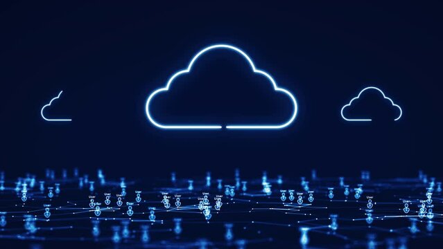 Cloud and edge computing technology concepts support a large number of users. There are three prominent cloud icons above. Below the user icon is connected to a polygon on a dark blue background.