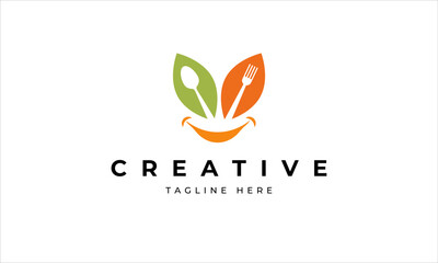 Food logo with smile. Label for food company. Grocery store logo. Vector illustration with smiling mouth.
