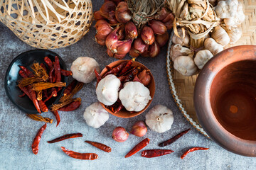 Various fresh vegetables and spices on wooden table, Thai food concept