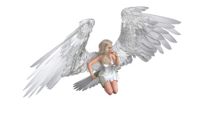 Angel poses for your pictures. Angel figurine with wings in flying poses isolated on white background. 3d rendering - illustration.