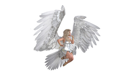 Angel poses for your pictures. Angel figurine with wings in flying poses isolated on white background. 3d rendering - illustration.