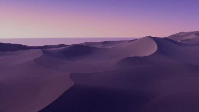 Rolling Sand Dunes form a Beautiful Desert Landscape. Dusk Background with Lilac Gradient Sky.