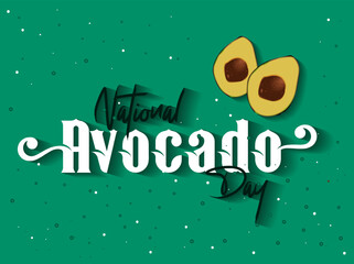 National Avocado Day stock images. Whole and half avocado isolated on a green background stock photo. Avocado Day Poster, July 31. Important day