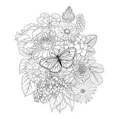 vector drawing natural background with butterfly and flowers, black and white coloring page, hand drawn illustration