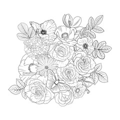 vector drawing natural background with butterfly and flowers, black and white coloring page, hand drawn illustration