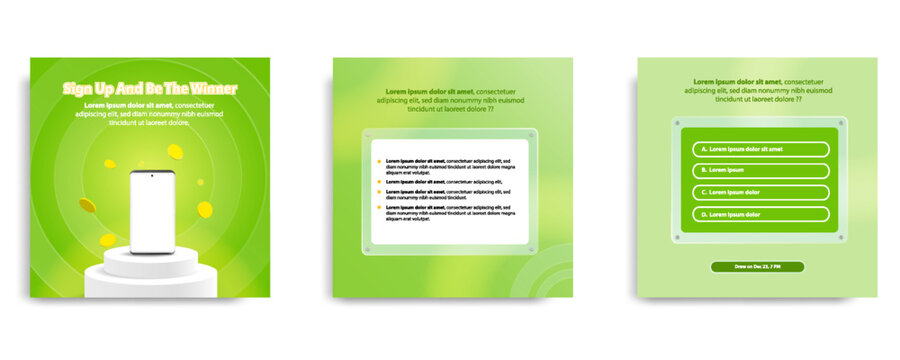 Social media post banner template layout in glassmorphism style. Quiz, challenge, gift, lottery, giveaway concept, smart phone prize on podium platform