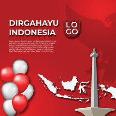 Indonesia independence day with Monas, Indonesia map, and balloon illustration.Indonesia independence template vector simple.