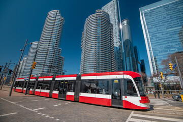 Toronto red bus and the transportation system at Ontario, Canada