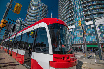 Fototapeta na wymiar Toronto red bus and the transportation system at Ontario, Canada