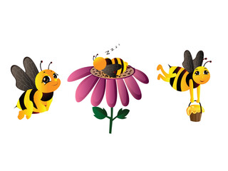 Cute Bee Mascot Set Vector illustration. Honey Bee Cartoon Flying symbol. emblem isolated on white background, Flat style for graphic and web design, logo.
