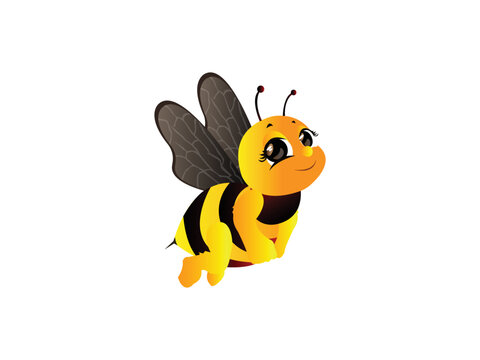 Cute Bee Mascot Character Vector illustration. Cartoon Bee Happy Flying with kind eyes emblem isolated on white background, Flat style for graphic and web design, logo.