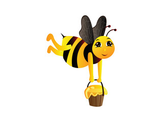 Cute Bee Mascot Character Vector illustration. Cartoon Bee Happy Flying with Honey bee Pot emblem isolated on white background, Flat style for graphic and web design, logo.
