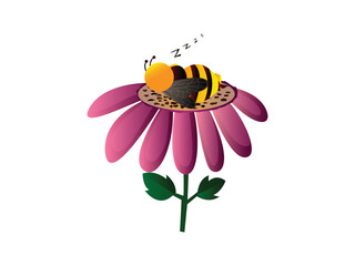 Cute Bee Mascot Character Vector illustration. Cartoon Bee Sleeping on a Flower emblem isolated on White Background, Bombus Hortorum Flat style for graphic and web design, logo.