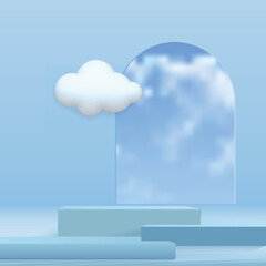 3d blue podium and minimal blue wall scene. 3d podium minimal cloud scene. Vector