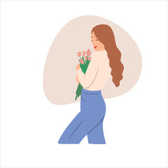 Woman wearing blue dress walking vector, elegant lady holding bouquet of flowers and leaves wrapped in paper. Female with present on special occasion