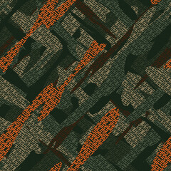 Seamless camouflage pattern, green brown orange shapes, geometric texture.